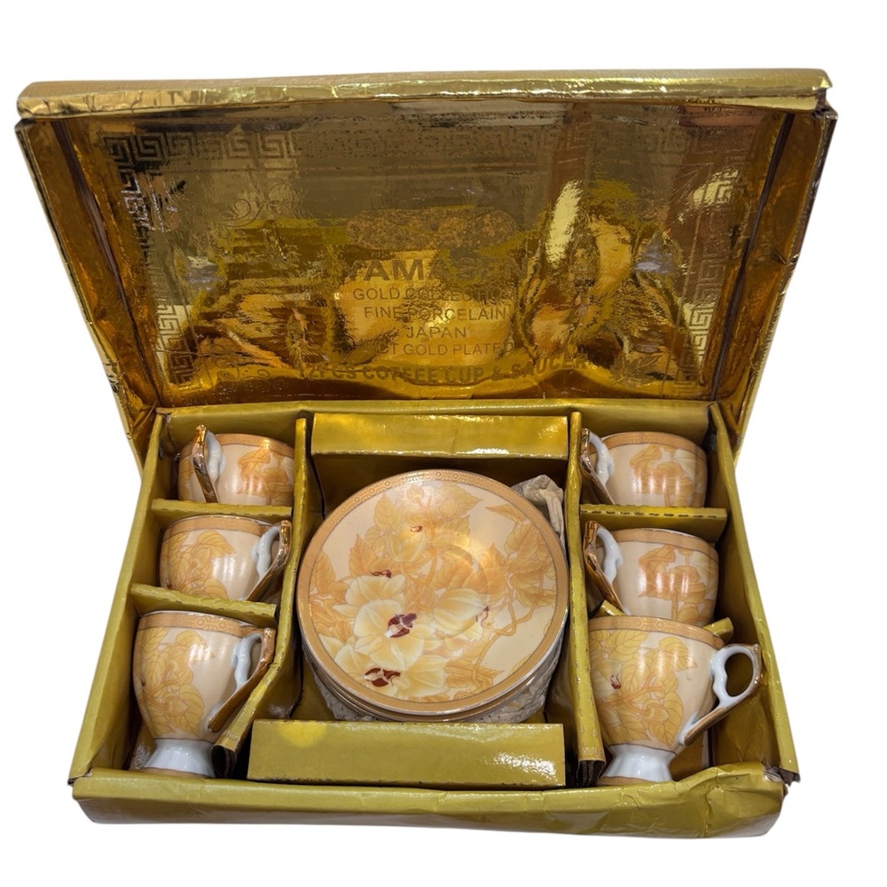YAMASEN Gold Collection Fine Porcelain Gold Plated 12pcs Boxed Tea Set Vintage